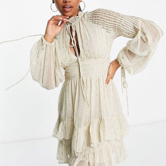 ASOS NWT jacquard chiffon high neck mini dress 14 - Picture 1 of 11